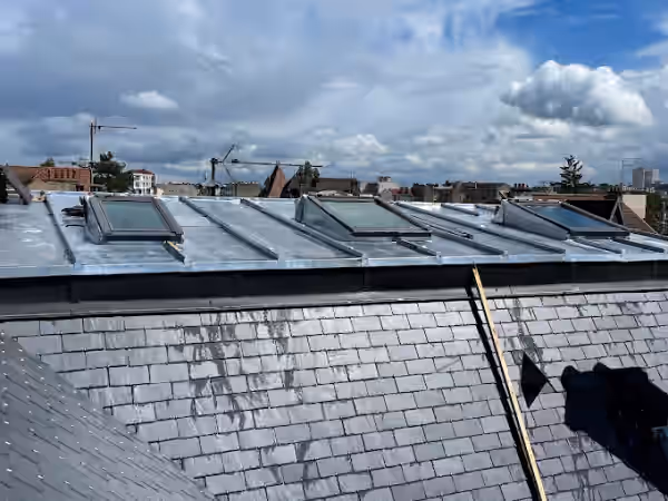Toiture mêlant brisis en ardoise et terrasson en zinc à tasseaux, équipée de châssis de toit